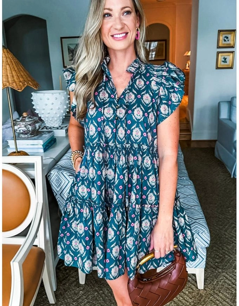 Blue Retro Floral Print Split Neck Ruffle Short Sleeve Dress