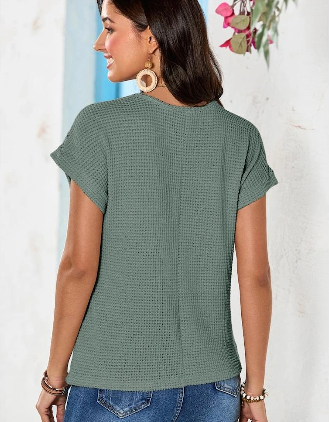 Mist Green Lace Patchwork Waffle Short Sleeve Top