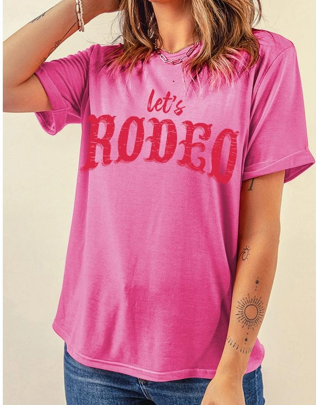 Rose Red Lets Rodeo Crew Neck Graphic Tee