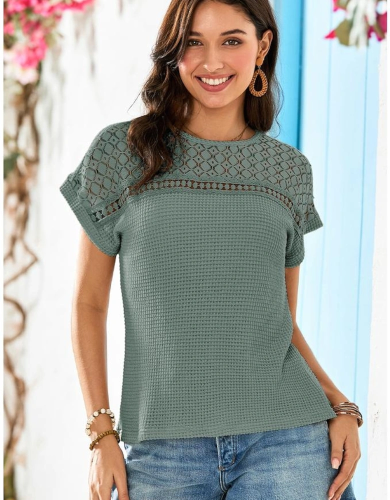 Mist Green Lace Patchwork Waffle Short Sleeve Top