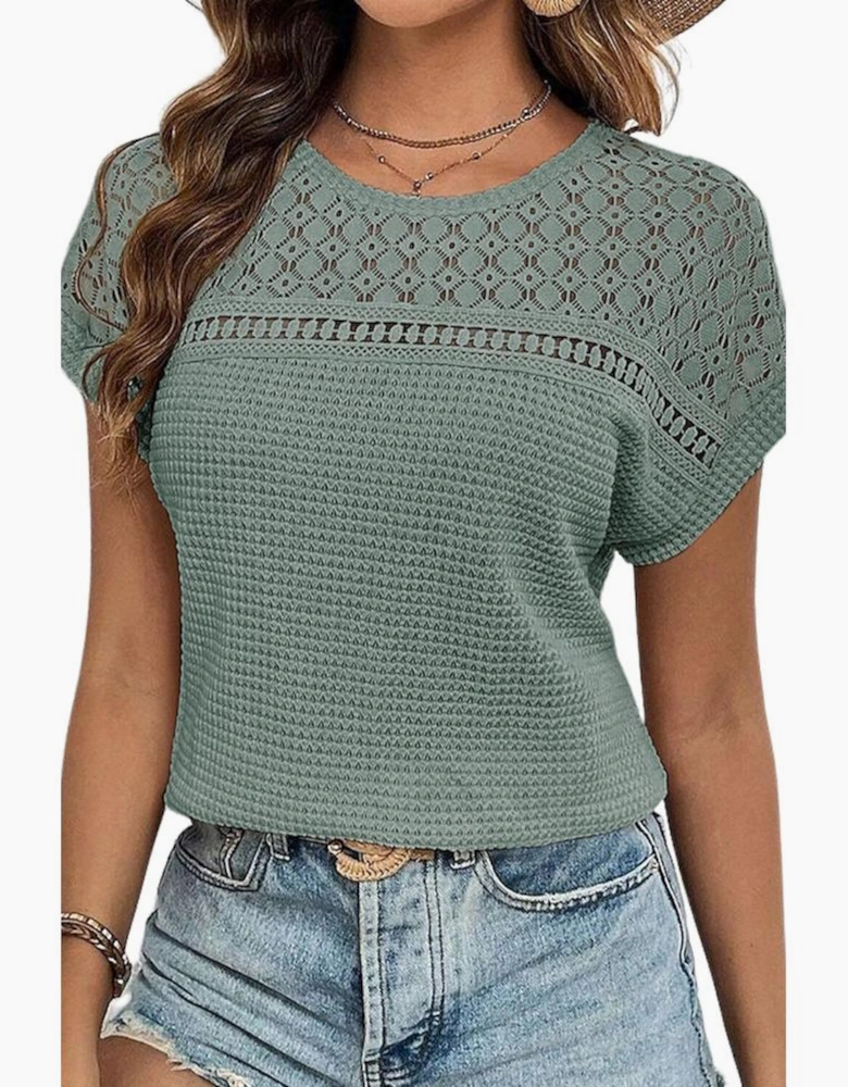 Mist Green Lace Patchwork Waffle Short Sleeve Top