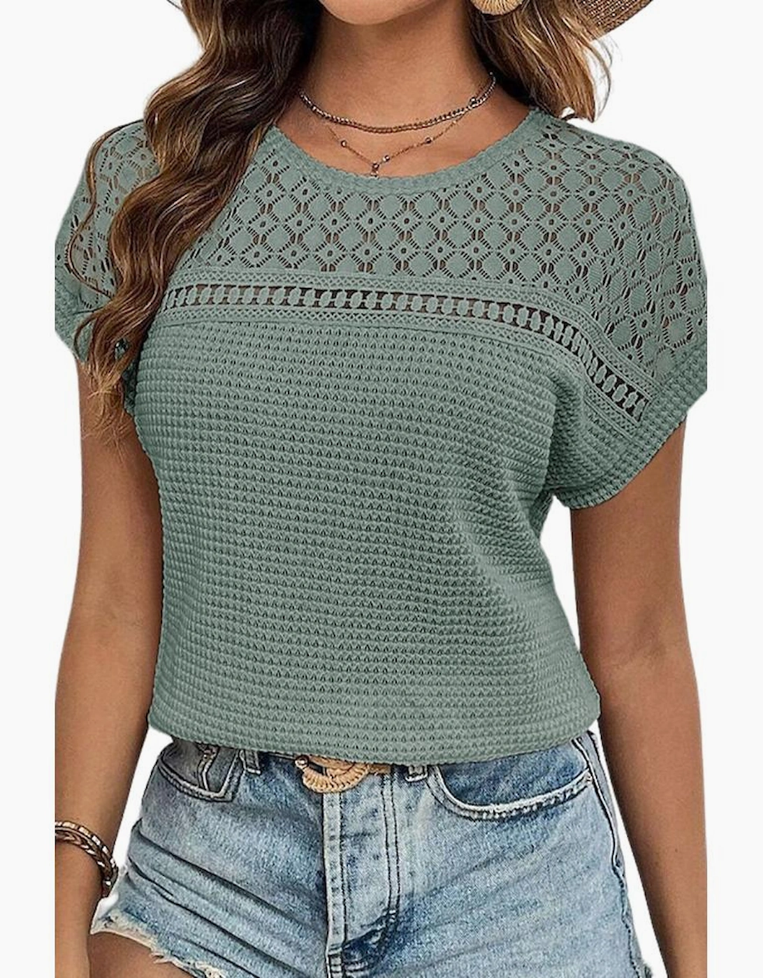 Mist Green Lace Patchwork Waffle Short Sleeve Top