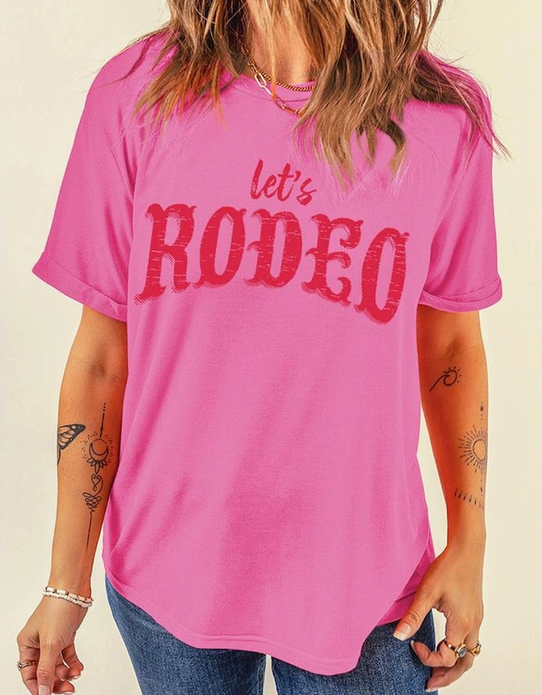 Rose Red Lets Rodeo Crew Neck Graphic Tee