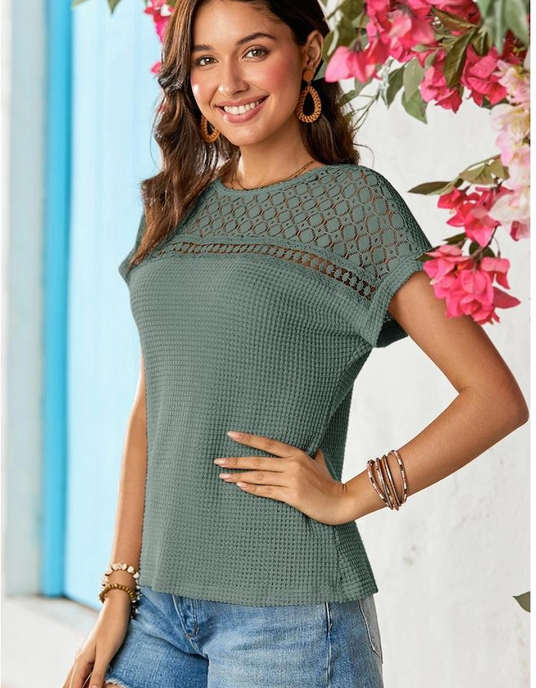 Mist Green Lace Patchwork Waffle Short Sleeve Top
