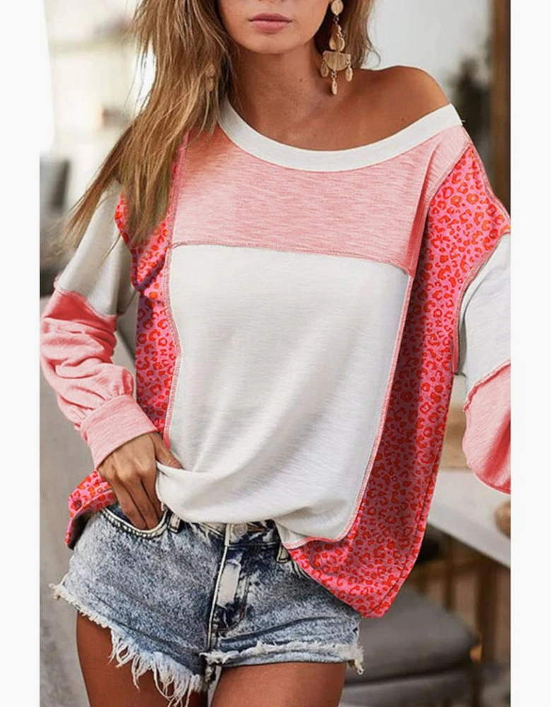 Peach Blossom Leopard Colorblock Patchwork Exposed Seam Top