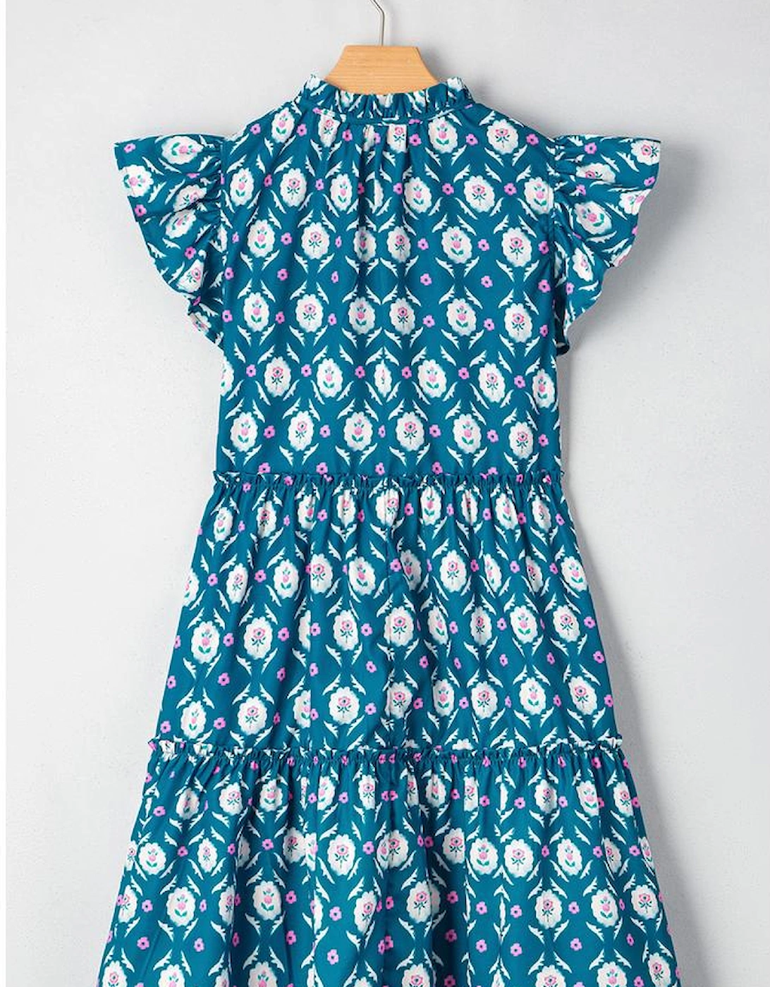 Blue Retro Floral Print Split Neck Ruffle Short Sleeve Dress