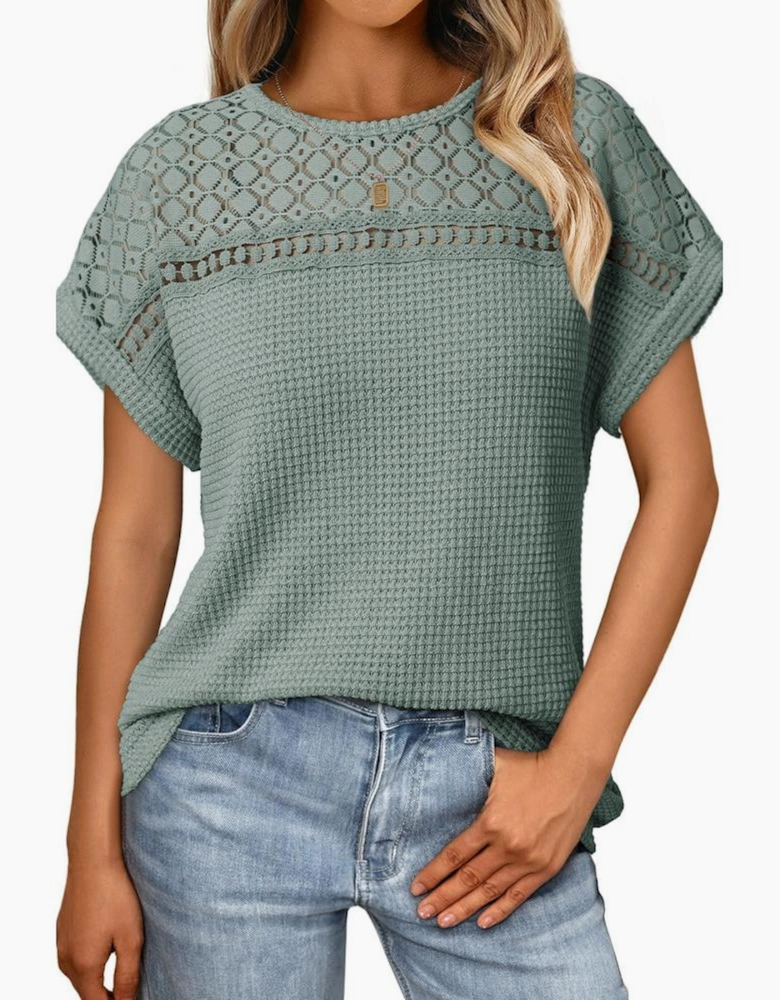 Mist Green Lace Patchwork Waffle Short Sleeve Top