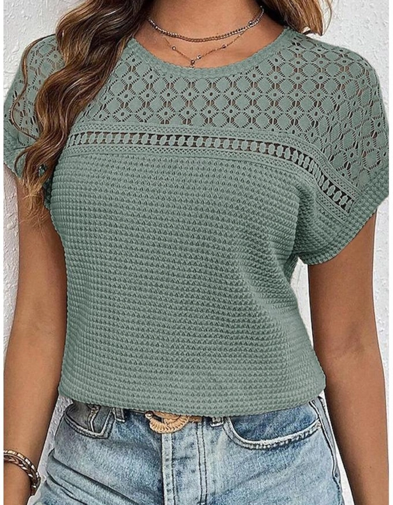 Mist Green Lace Patchwork Waffle Short Sleeve Top