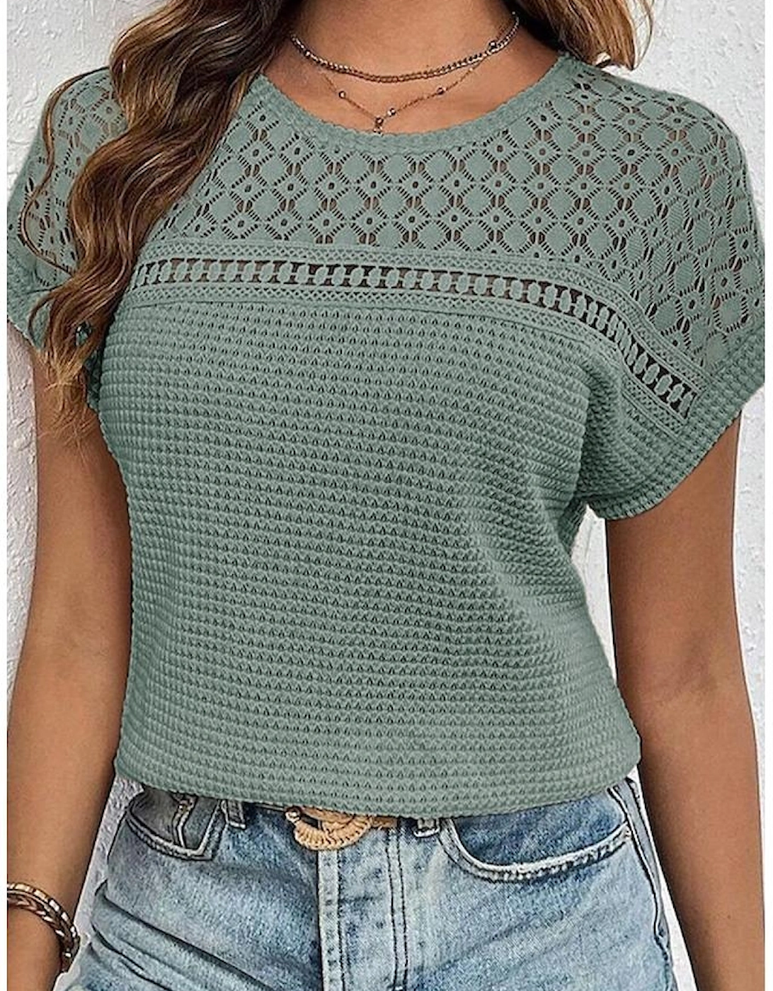 Mist Green Lace Patchwork Waffle Short Sleeve Top
