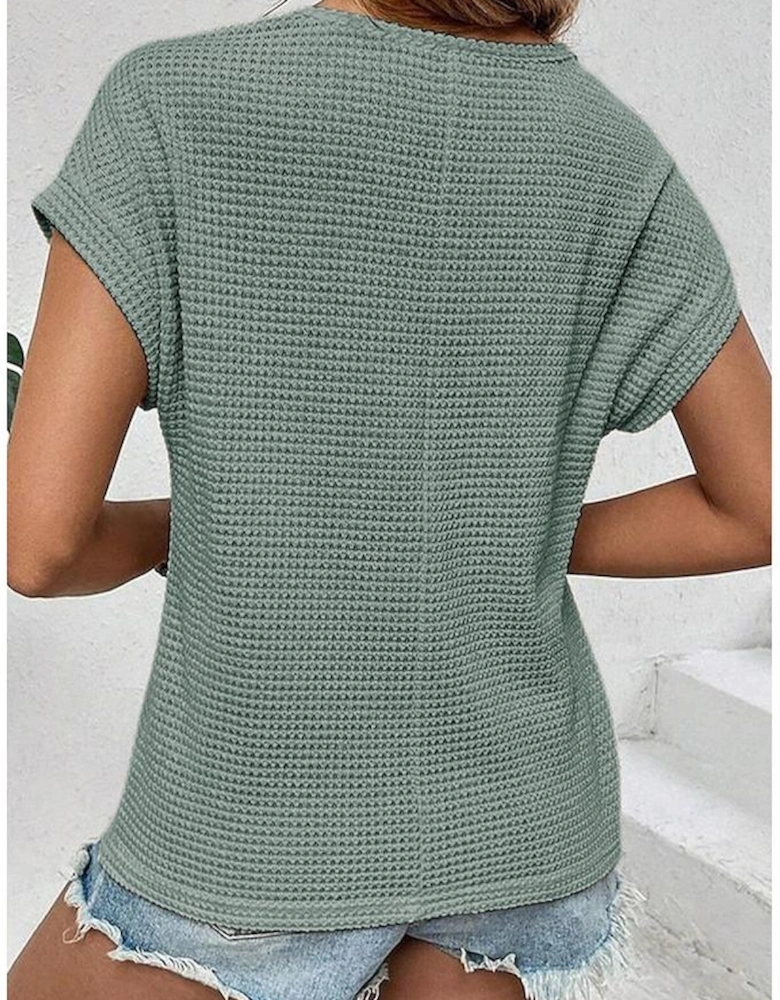 Mist Green Lace Patchwork Waffle Short Sleeve Top