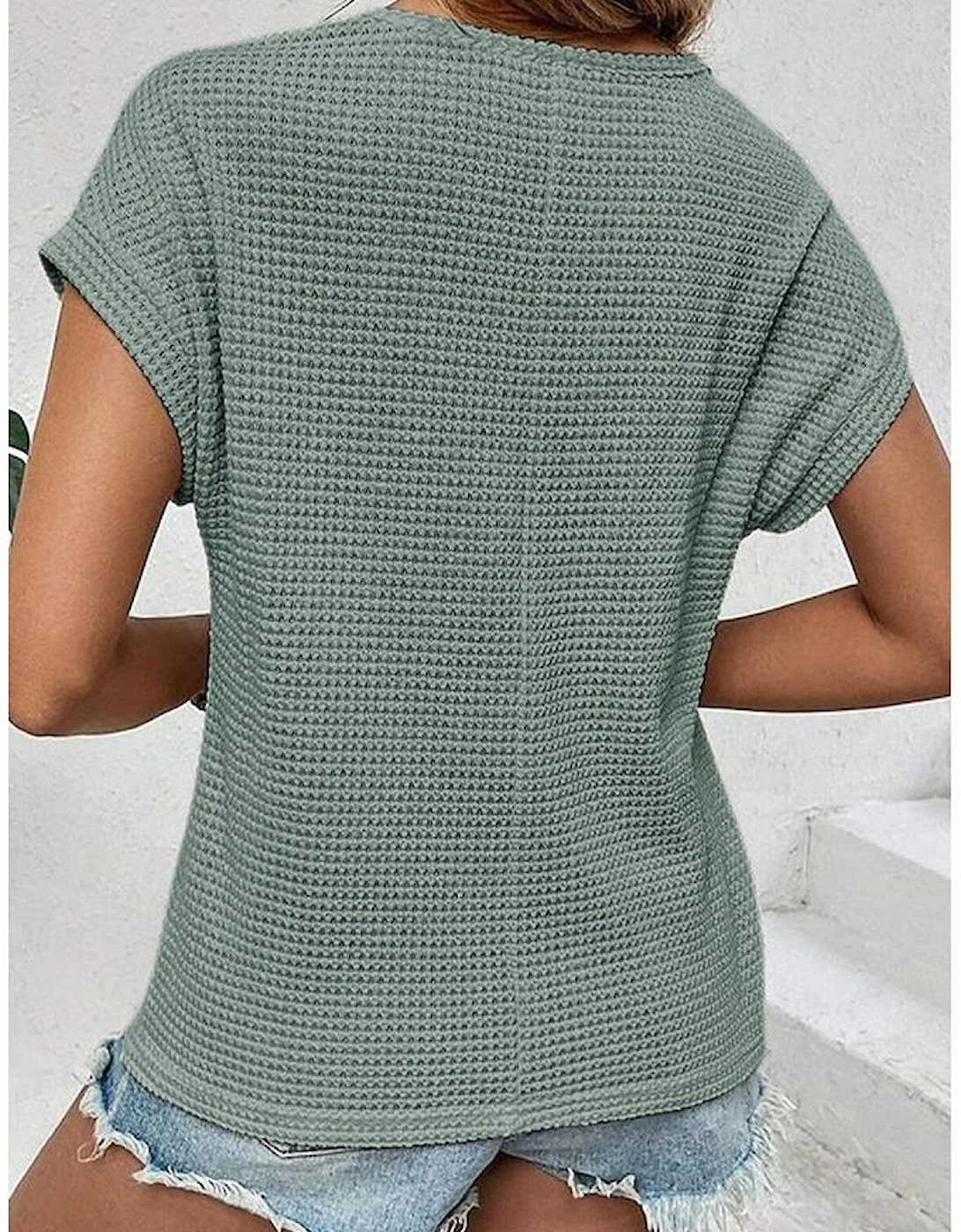 Mist Green Lace Patchwork Waffle Short Sleeve Top, 10 of 9