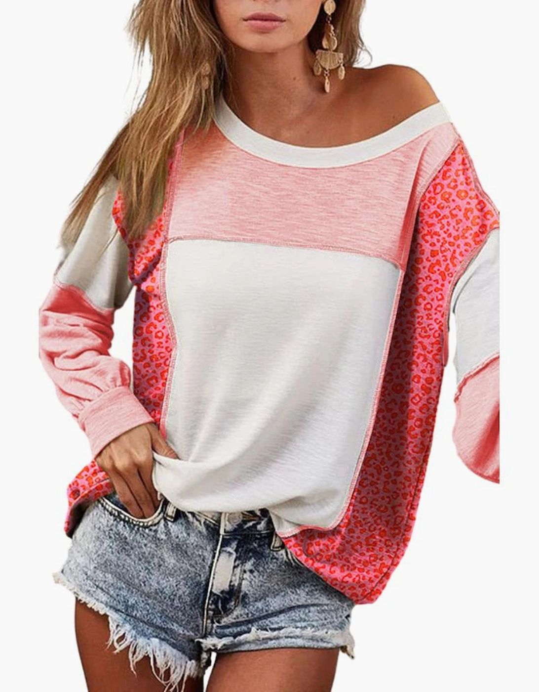 Peach Blossom Leopard Colorblock Patchwork Exposed Seam Top, 3 of 2