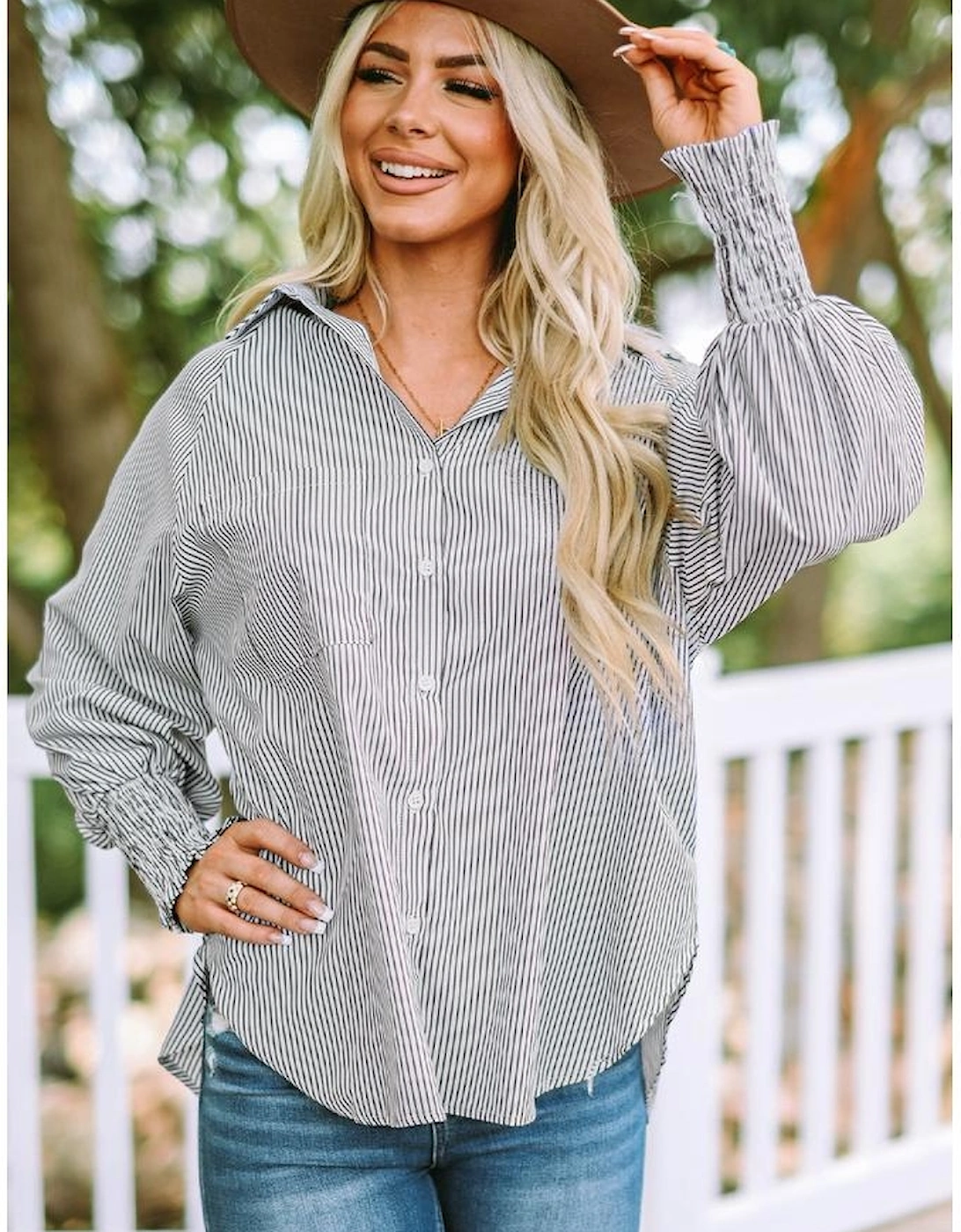 Smocked Cuffed Striped Boyfriend Shirt with Pocket