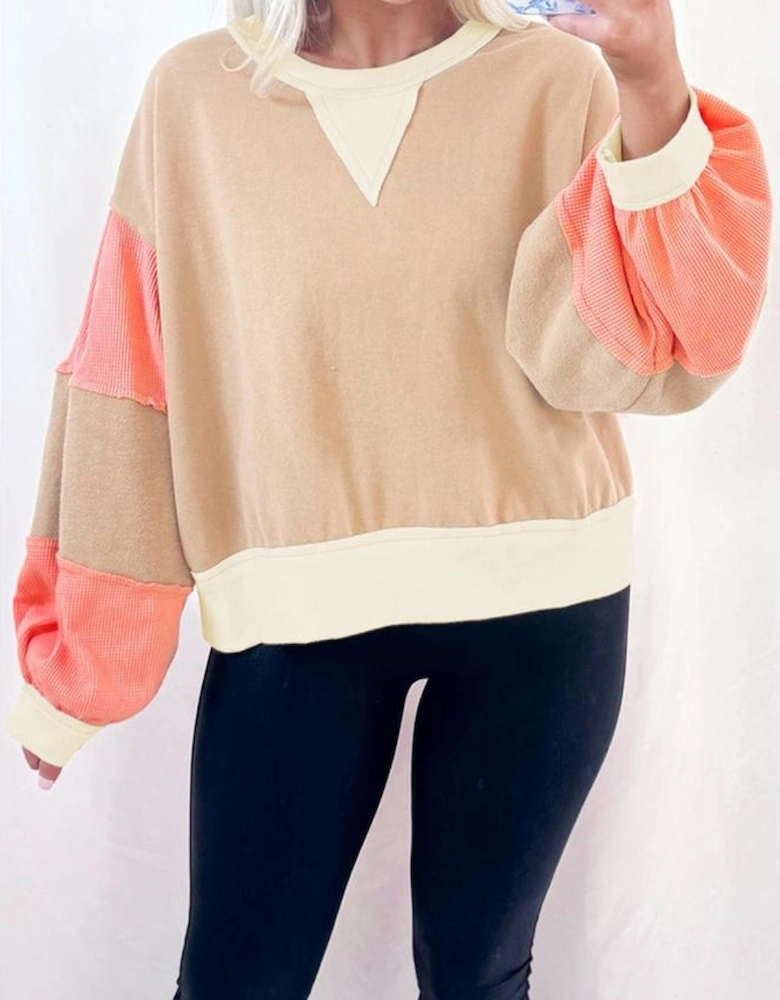 Light French Beige Color Block Textured Patchwork Pullover Sweatshirt