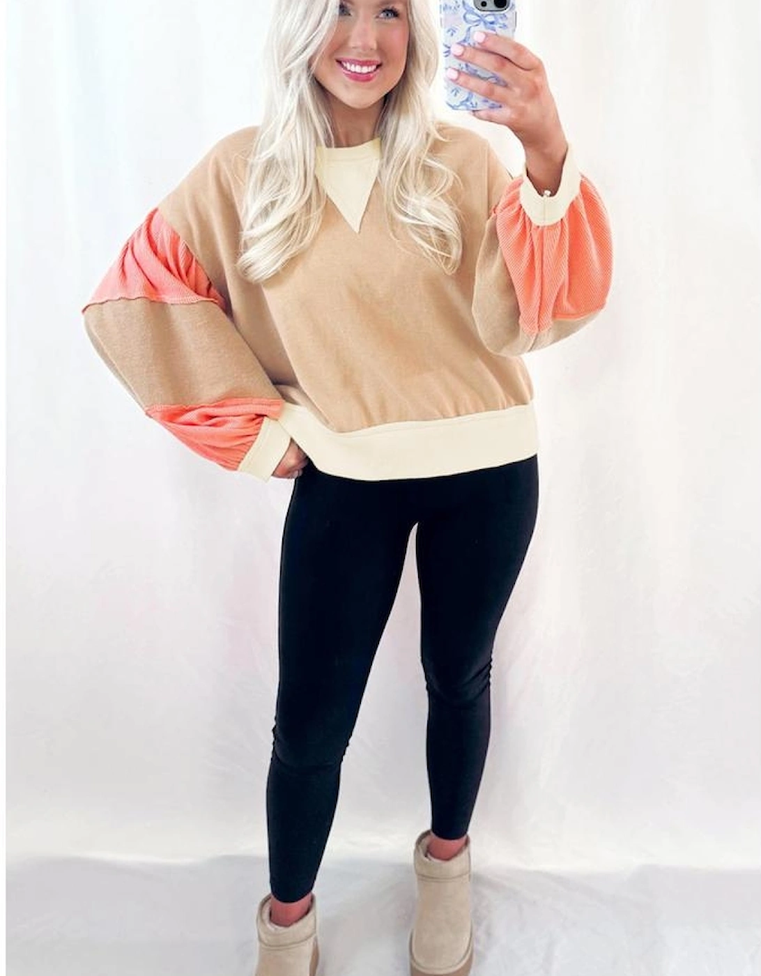 Light French Beige Color Block Textured Patchwork Pullover Sweatshirt