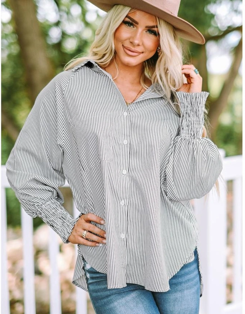 Smocked Cuffed Striped Boyfriend Shirt with Pocket