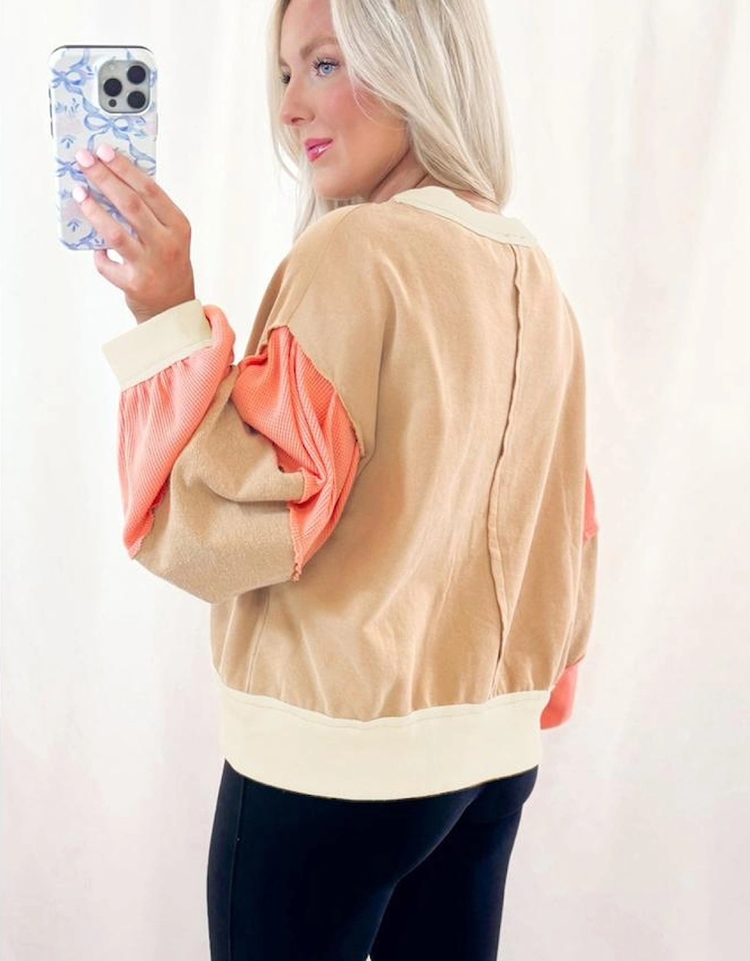 Light French Beige Color Block Textured Patchwork Pullover Sweatshirt, 5 of 4