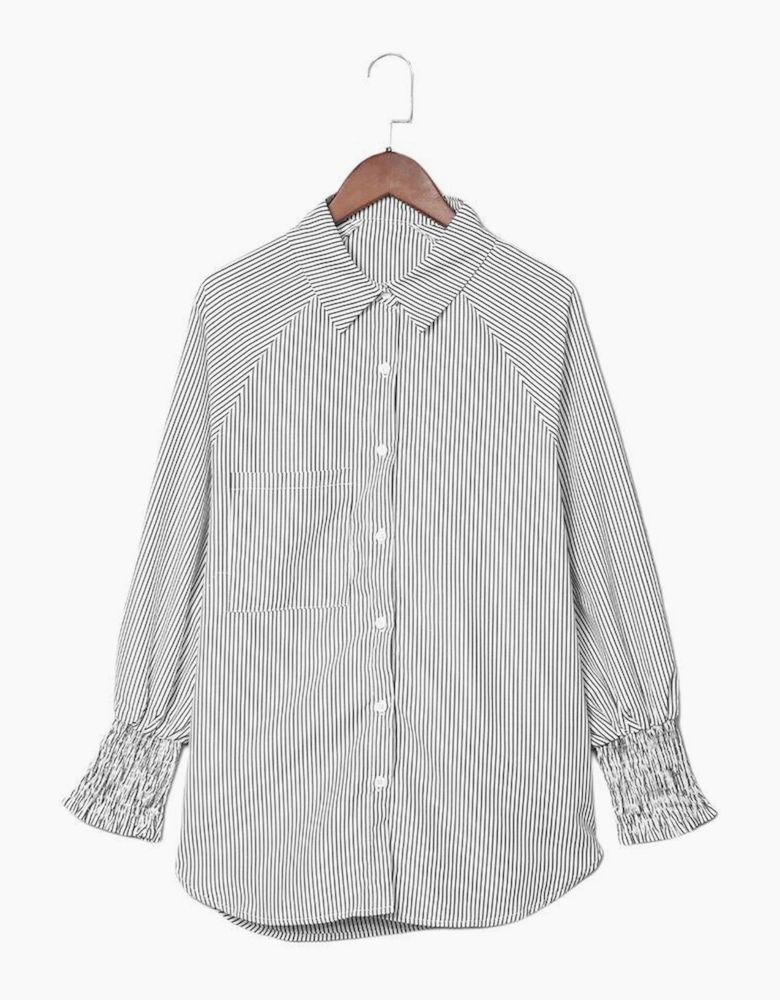Smocked Cuffed Striped Boyfriend Shirt with Pocket