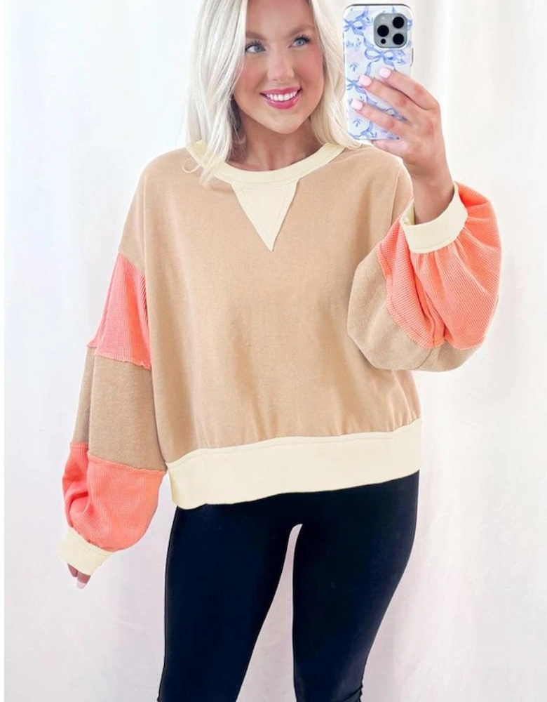 Light French Beige Color Block Textured Patchwork Pullover Sweatshirt