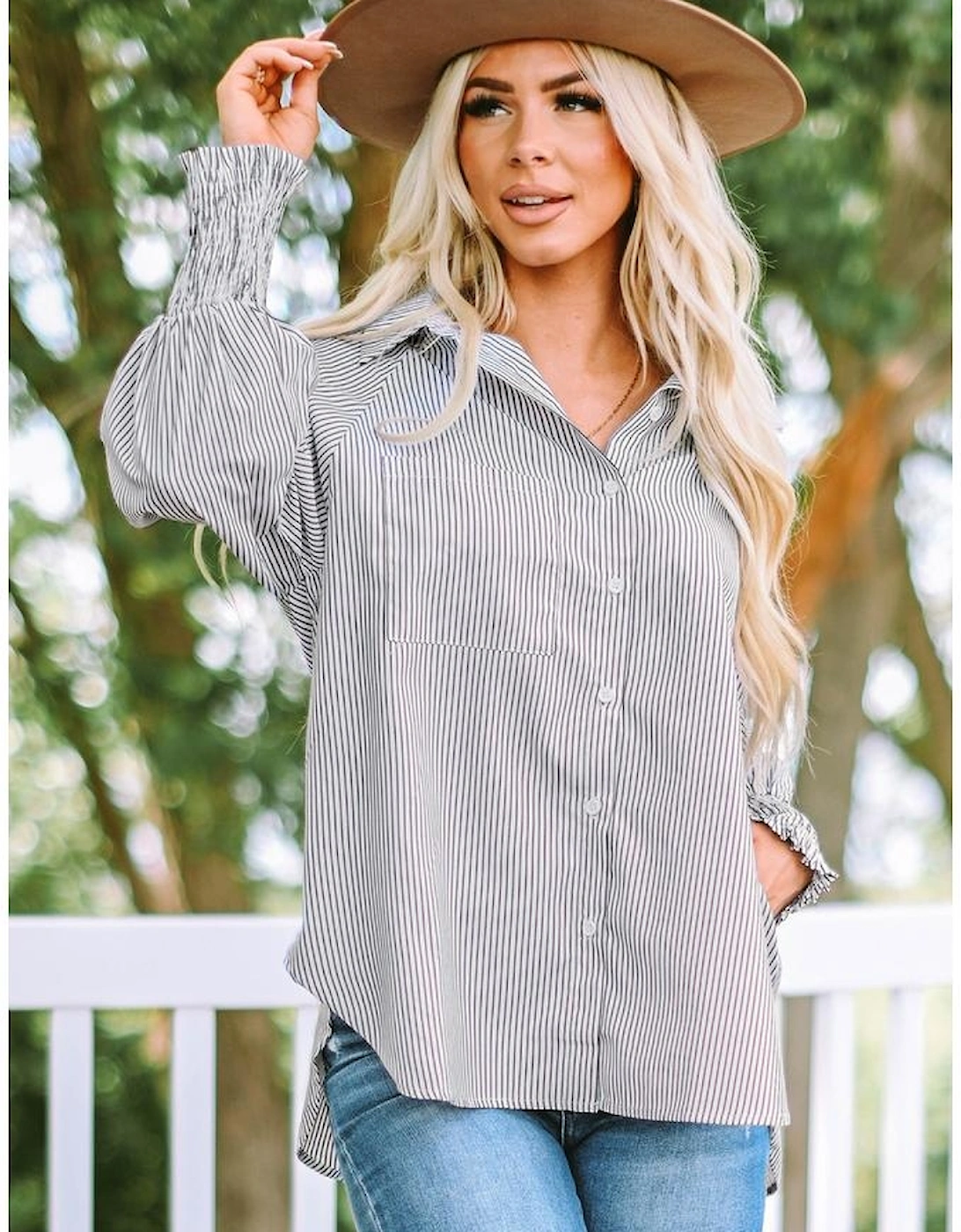 Smocked Cuffed Striped Boyfriend Shirt with Pocket