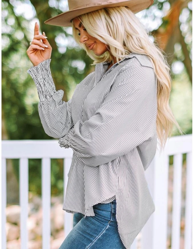 Smocked Cuffed Striped Boyfriend Shirt with Pocket