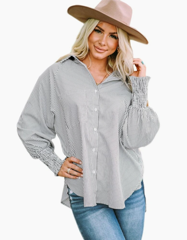 Smocked Cuffed Striped Boyfriend Shirt with Pocket