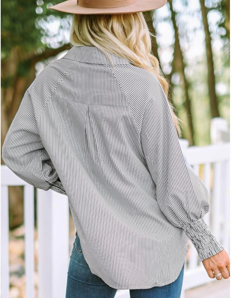 Smocked Cuffed Striped Boyfriend Shirt with Pocket