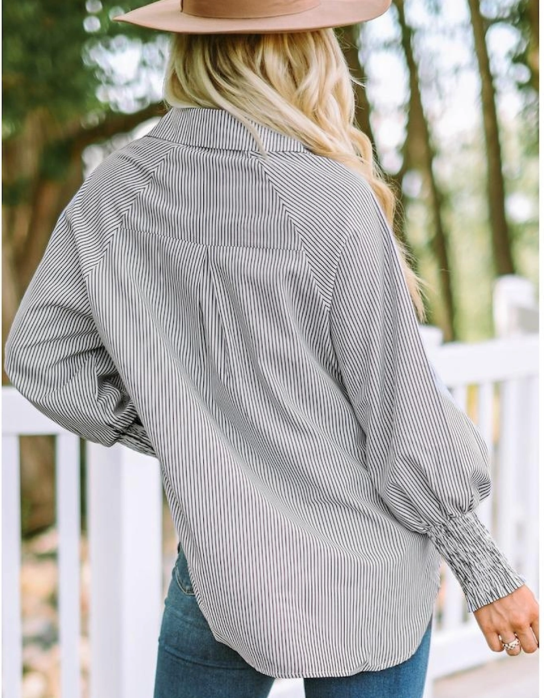 Smocked Cuffed Striped Boyfriend Shirt with Pocket