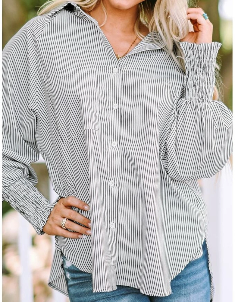 Smocked Cuffed Striped Boyfriend Shirt with Pocket