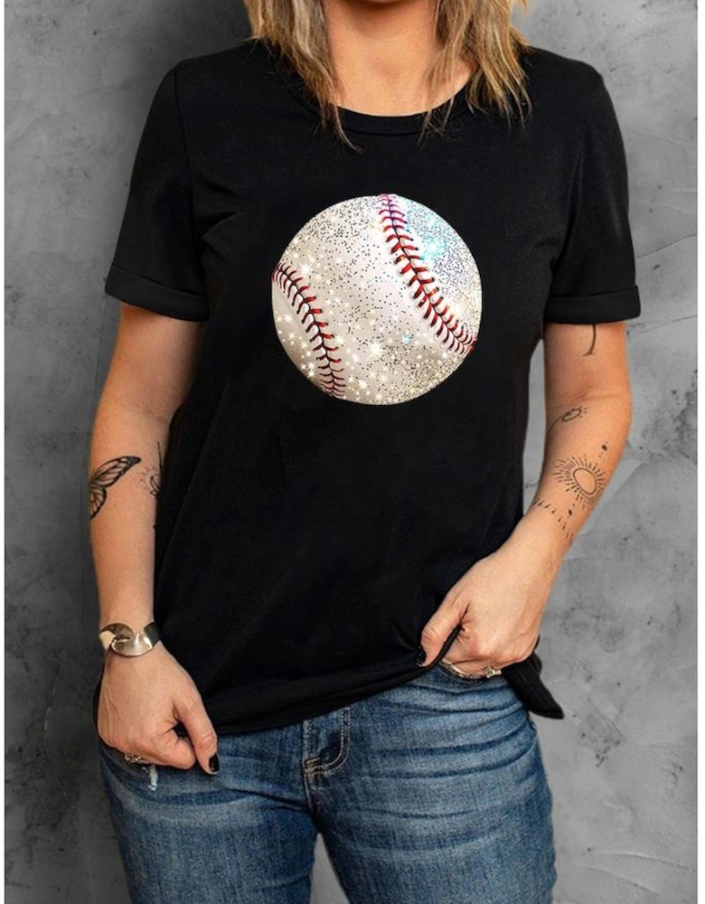 Black Heat Transfer Baseball Print Cotton Blend T Shirt