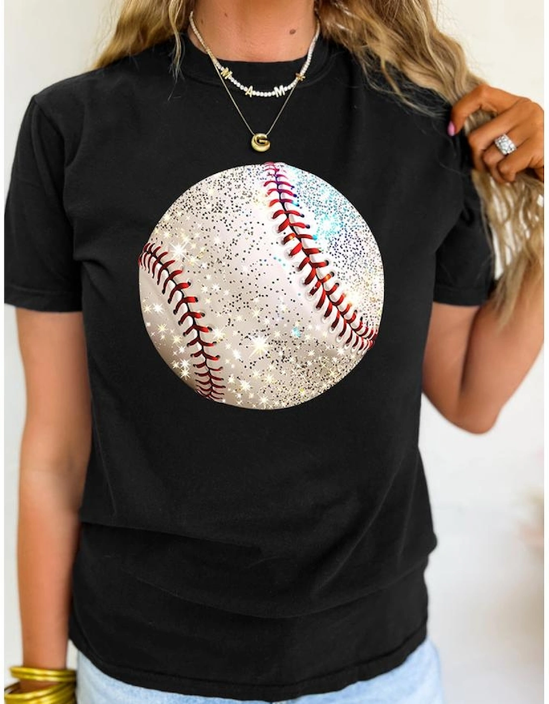 Black Heat Transfer Baseball Print Cotton Blend T Shirt