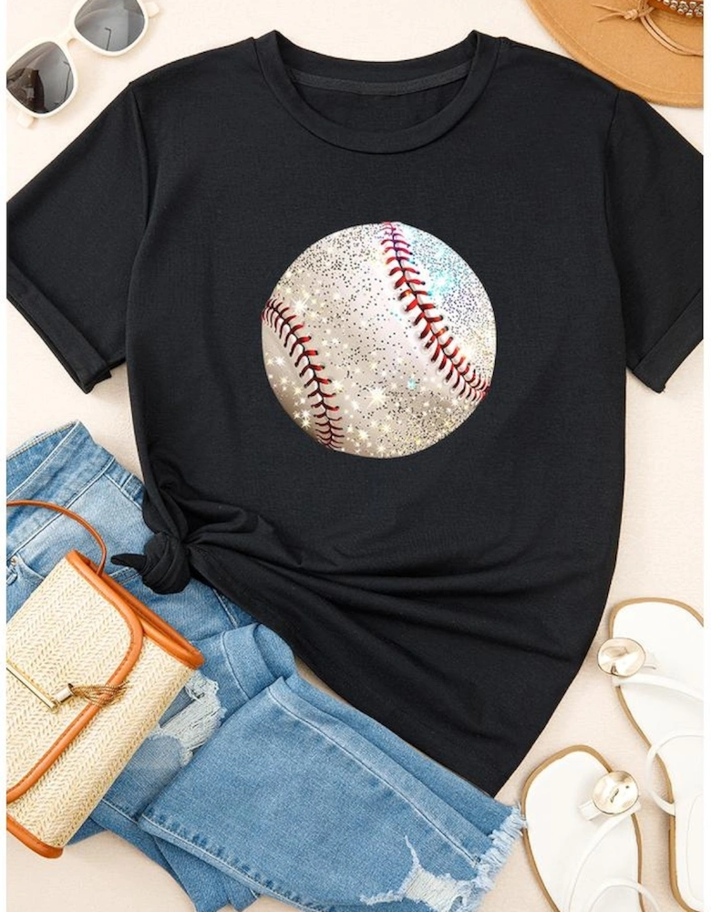 Black Heat Transfer Baseball Print Cotton Blend T Shirt