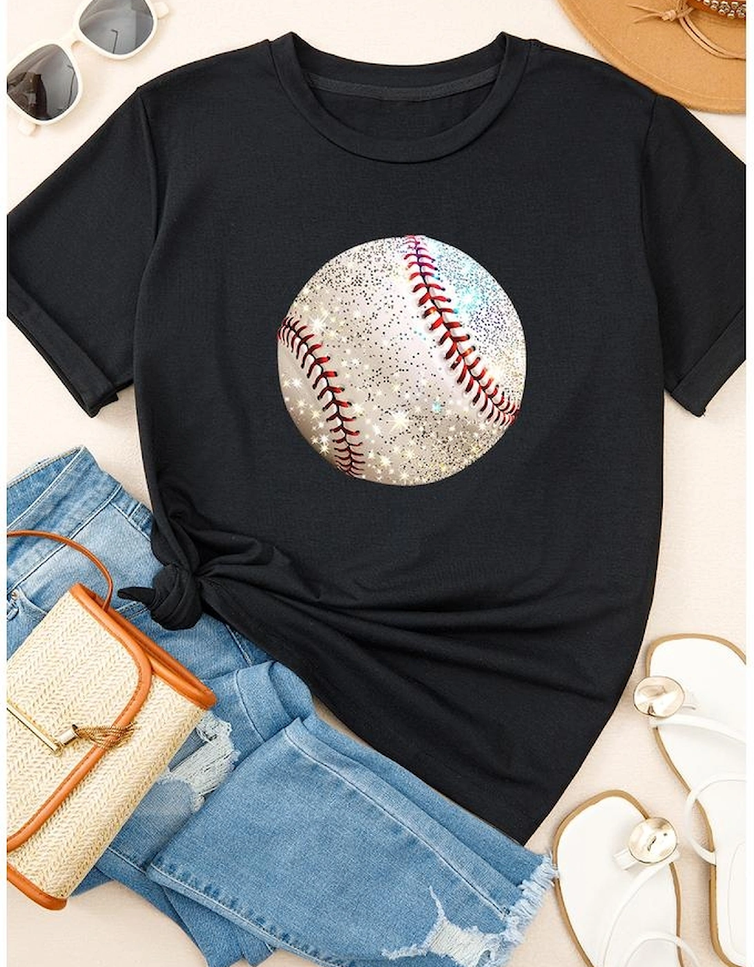 Black Heat Transfer Baseball Print Cotton Blend T Shirt, 10 of 9