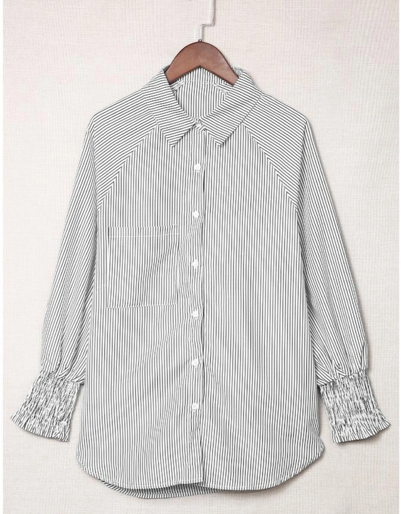 Smocked Cuffed Striped Boyfriend Shirt with Pocket