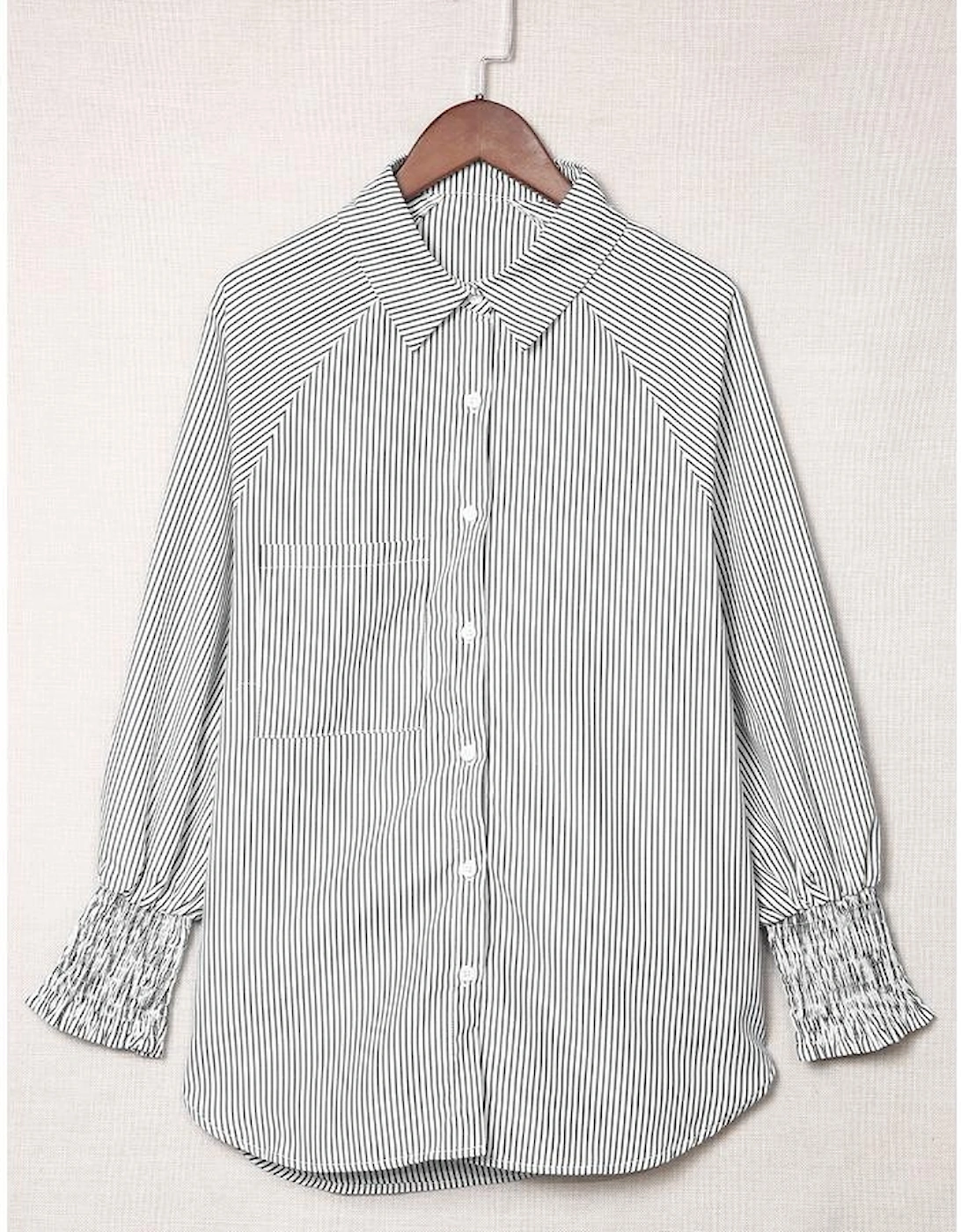 Smocked Cuffed Striped Boyfriend Shirt with Pocket