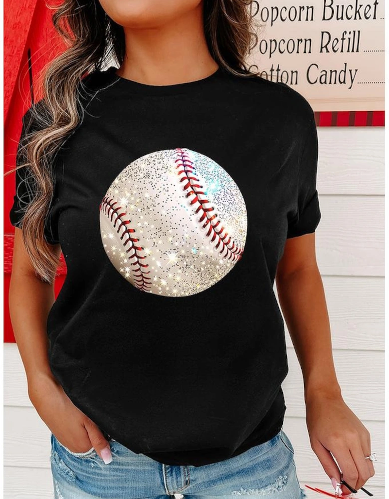 Black Heat Transfer Baseball Print Cotton Blend T Shirt