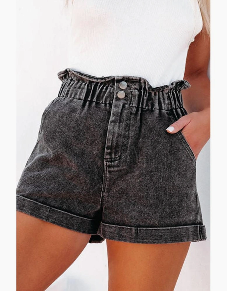 Black Vintage Washed Frilled High Waist Denim Shorts