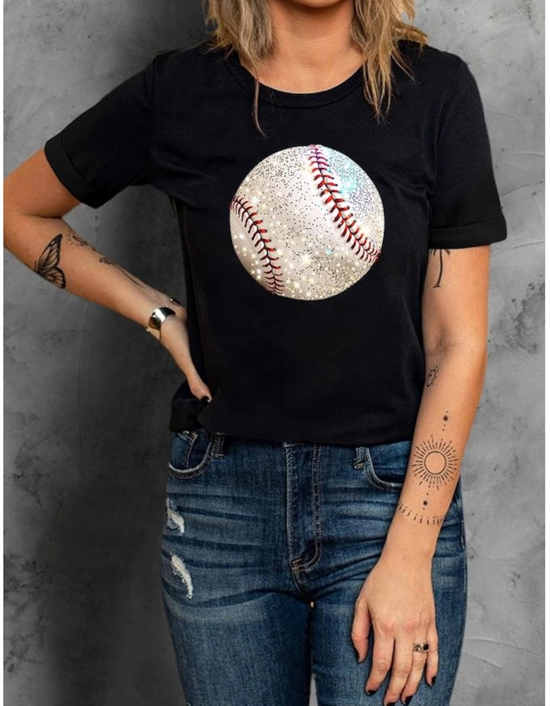 Black Heat Transfer Baseball Print Cotton Blend T Shirt