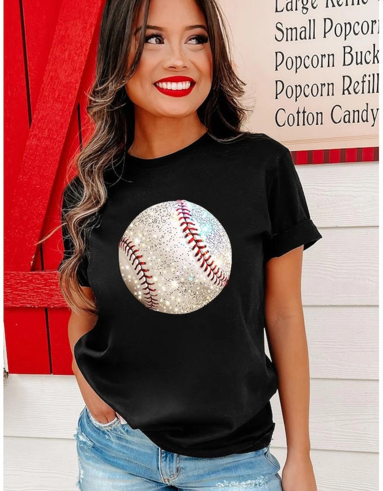 Black Heat Transfer Baseball Print Cotton Blend T Shirt