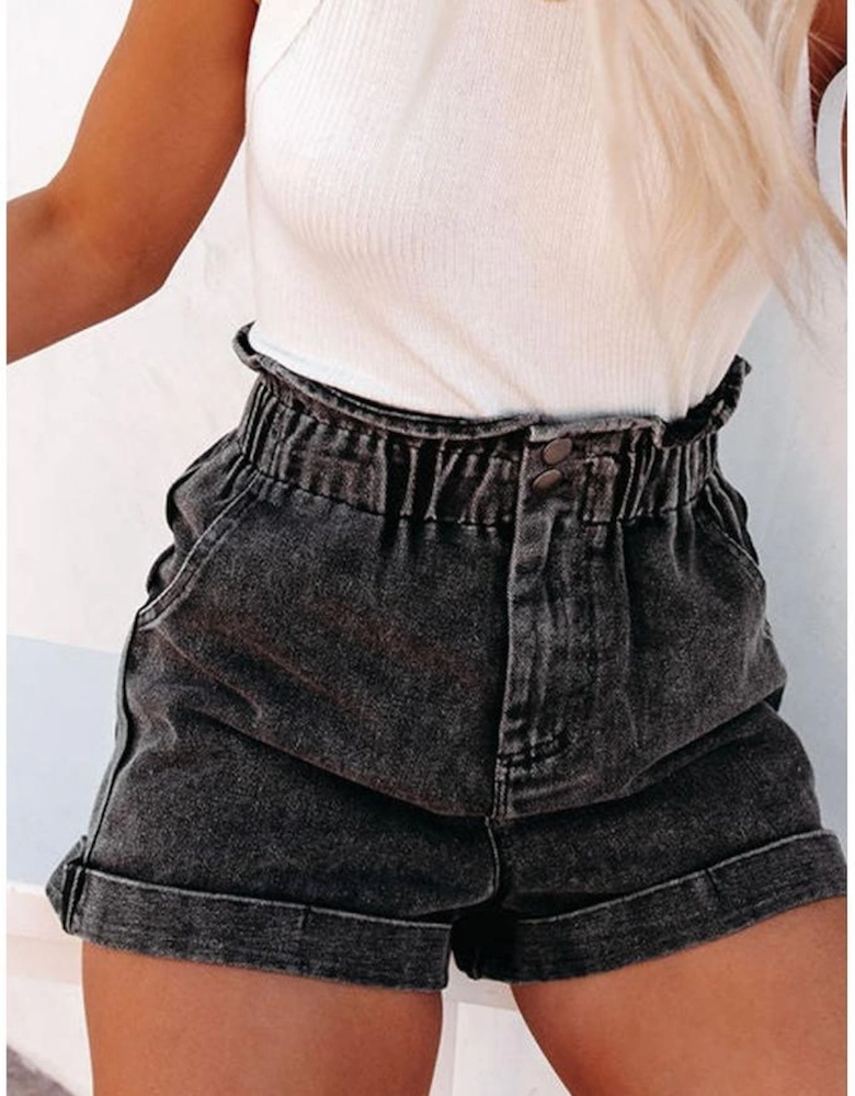 Black Vintage Washed Frilled High Waist Denim Shorts
