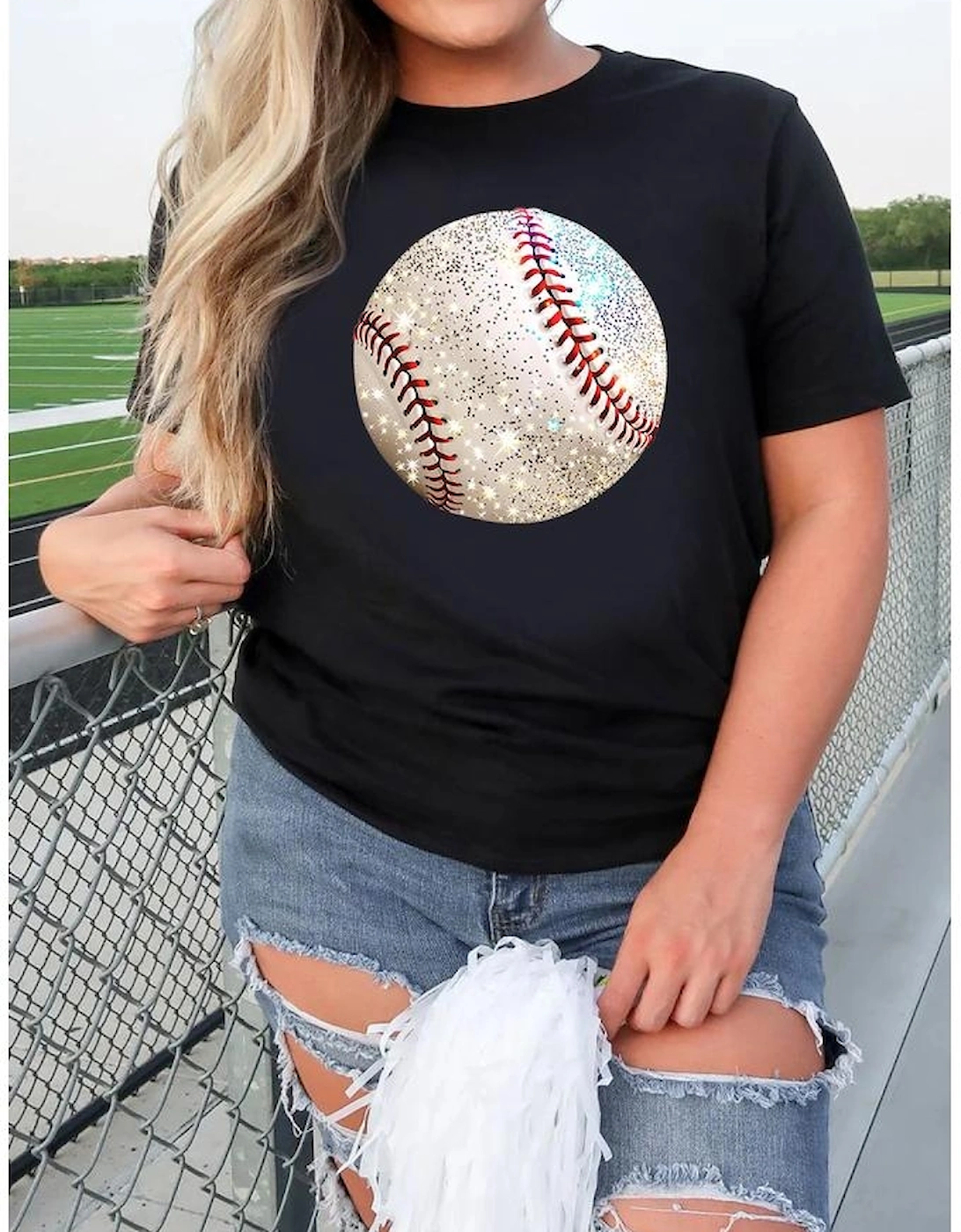 Black Heat Transfer Baseball Print Cotton Blend T Shirt