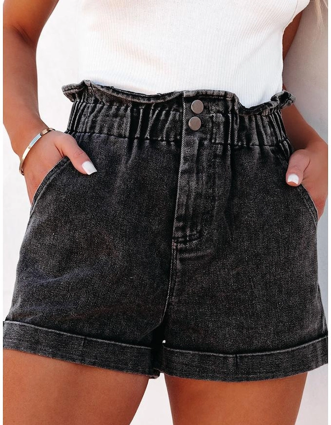 Black Vintage Washed Frilled High Waist Denim Shorts