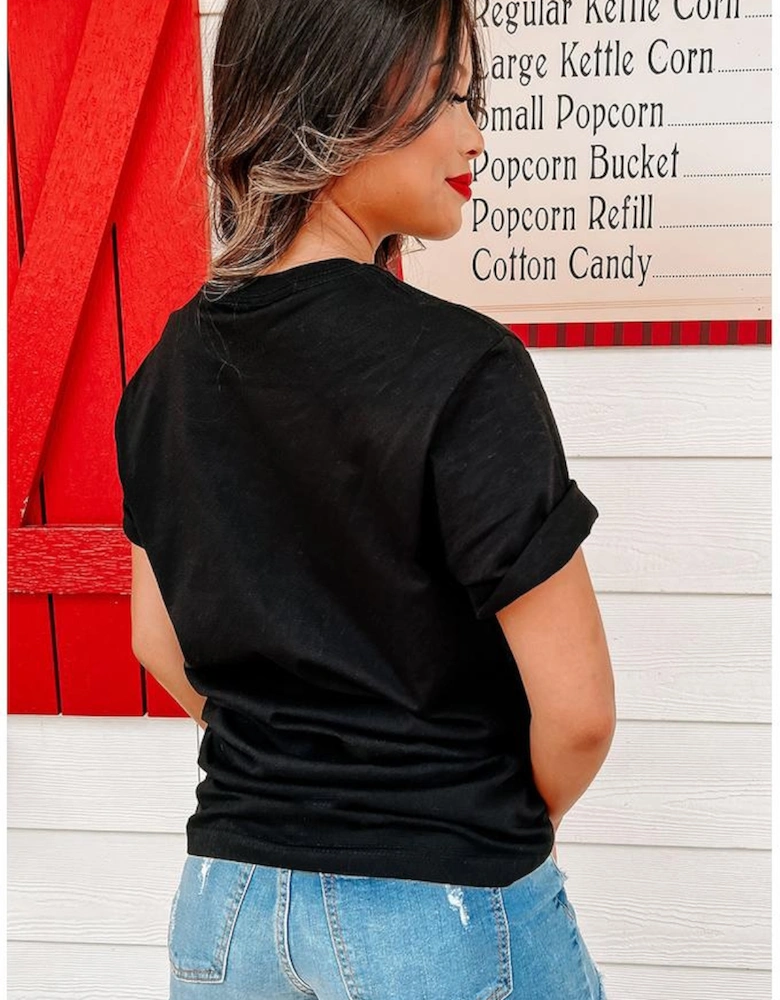 Black Heat Transfer Baseball Print Cotton Blend T Shirt