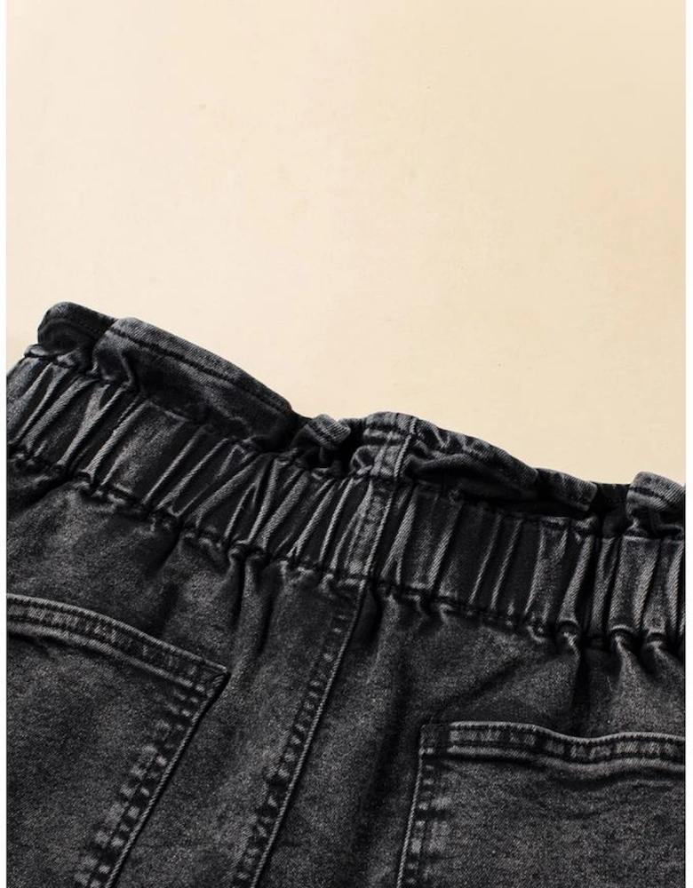 Black Vintage Washed Frilled High Waist Denim Shorts