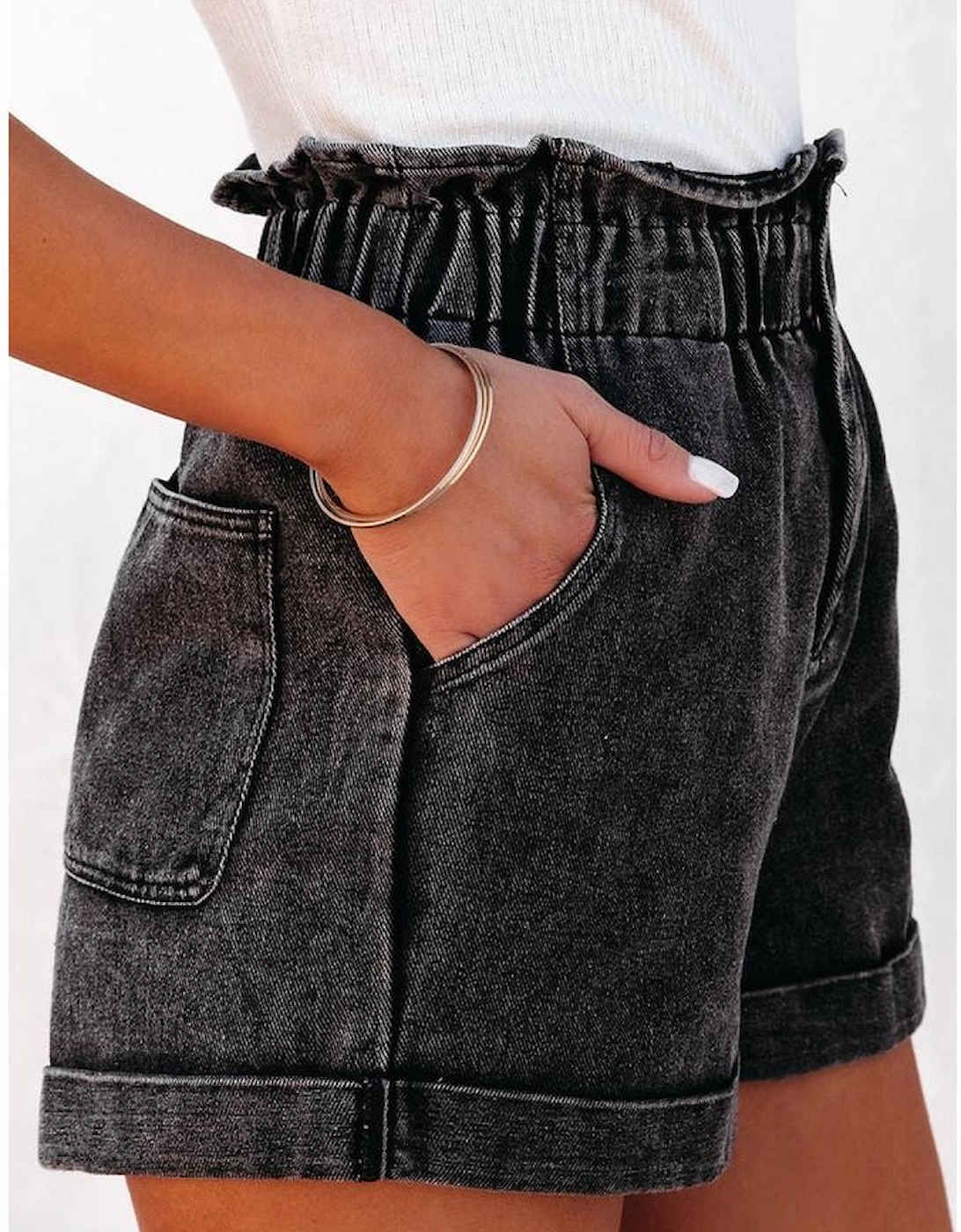 Black Vintage Washed Frilled High Waist Denim Shorts