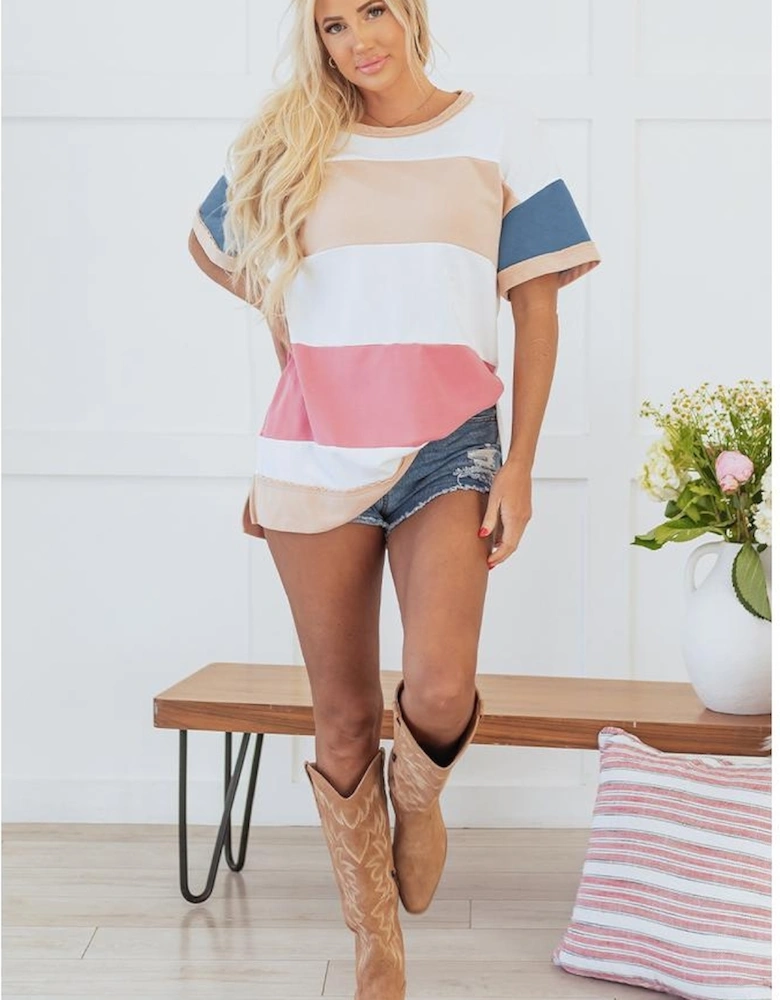 Multicolour Colorblock Patchwork Side Split Tunic T Shirt