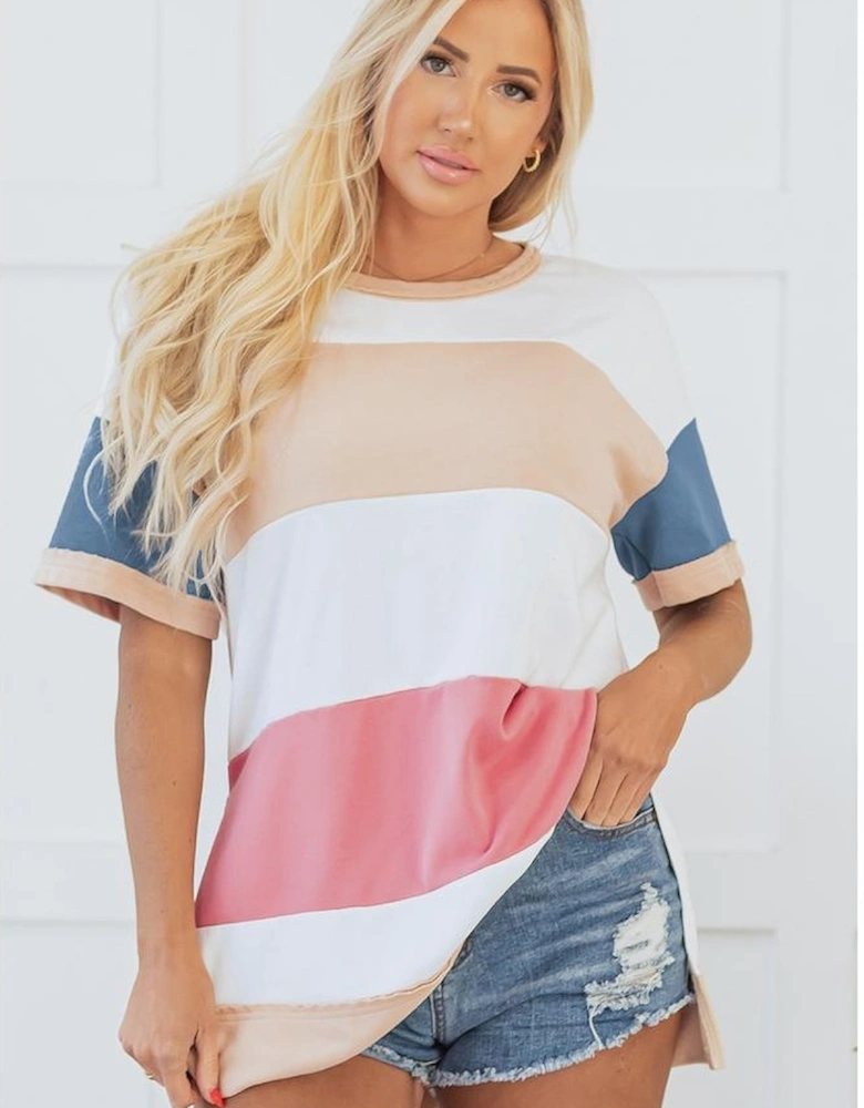 Multicolour Colorblock Patchwork Side Split Tunic T Shirt