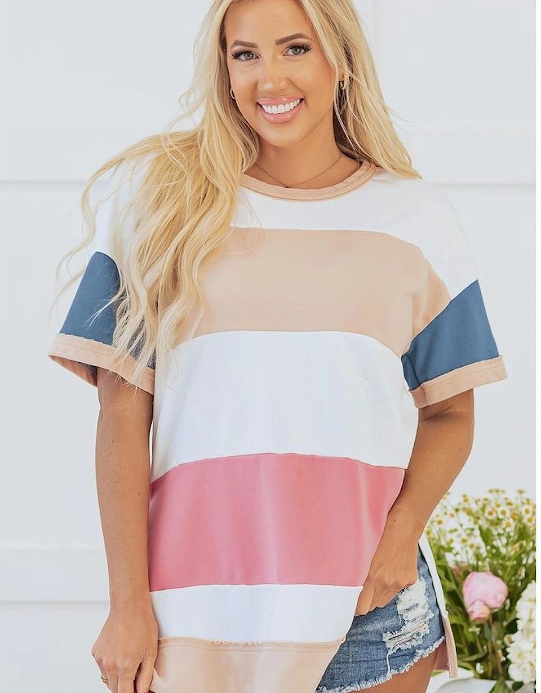 Multicolour Colorblock Patchwork Side Split Tunic T Shirt