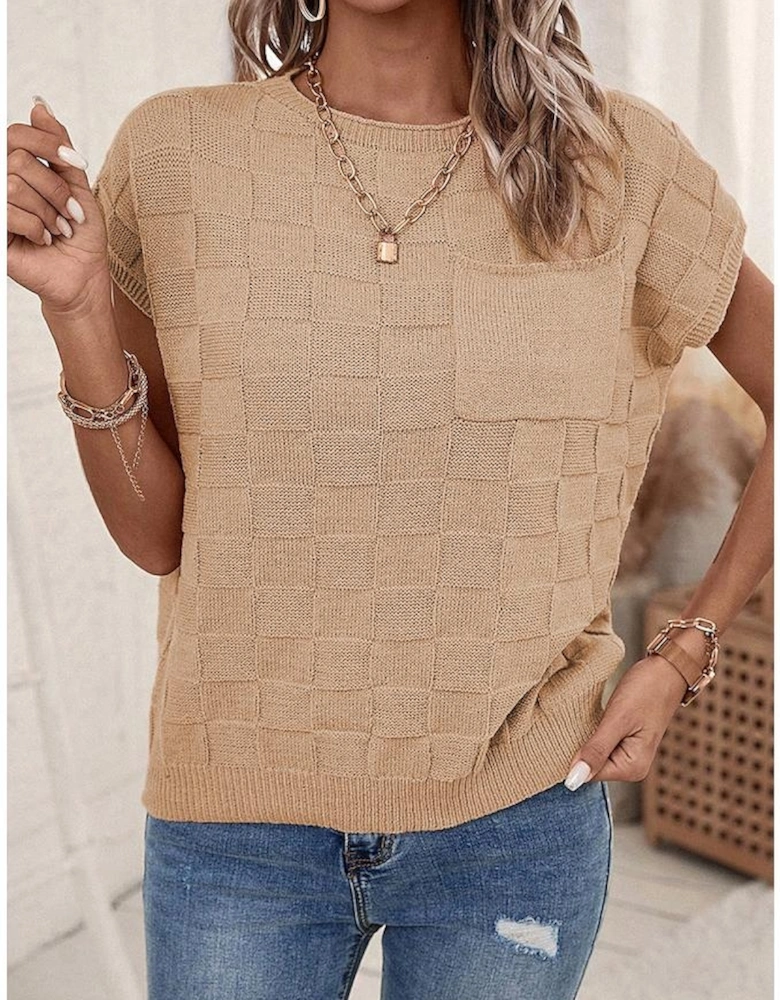 Smoke Gray Lattice Textured Knit Short Sleeve Sweater