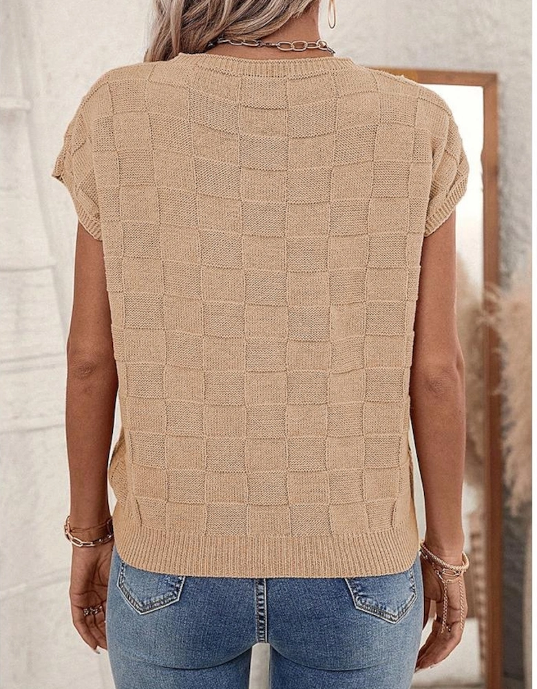 Smoke Gray Lattice Textured Knit Short Sleeve Sweater